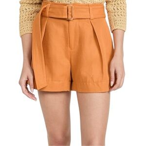 VINCE Womens Pleated Shorts‎ Size 6 Orange  Linen Cotton Blend Belted High Rise